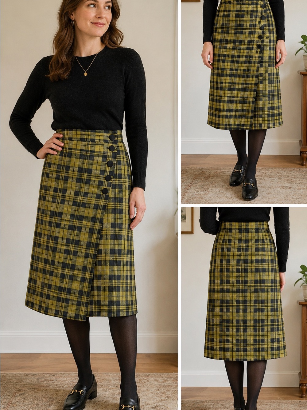 Talbots Yellow and Black Plaid Midi Skirt with Side Buttons